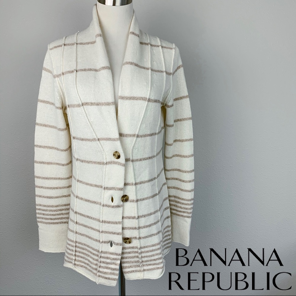 Banana Republic Striped Shawl Cardigan Lambswool Cashmere Cream Tan Small